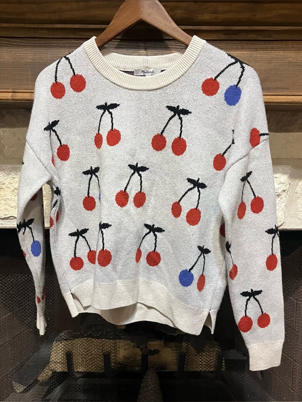 Madewell Cherry Jacquard Pullover Sweater Cream Knit Retro Coquette